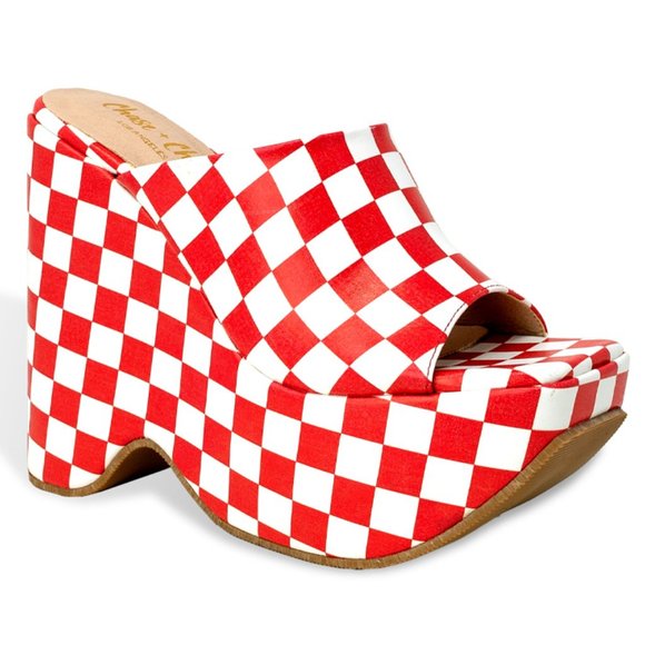 Women’s Chunky Flatform Wedge Slide Heel Checkered Sandal - Picture 3 of 4